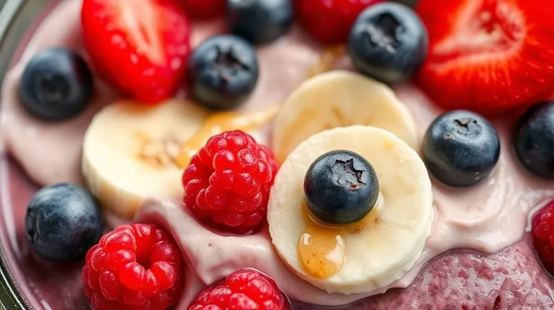 A vibrant, close-up, photorealistic, professional photography shot of a healthy protein dessert bowl, featuring layers of creamy texture, fresh colorful berries (raspberries, blueberries), sliced banana, and a drizzle of nut butter. The focus is on the inviting, natural colors and textures, suggesting pure, delicious ingredients. 8K, cinematic lighting, sharp focus, depth of field, shot on a high-end DSLR.