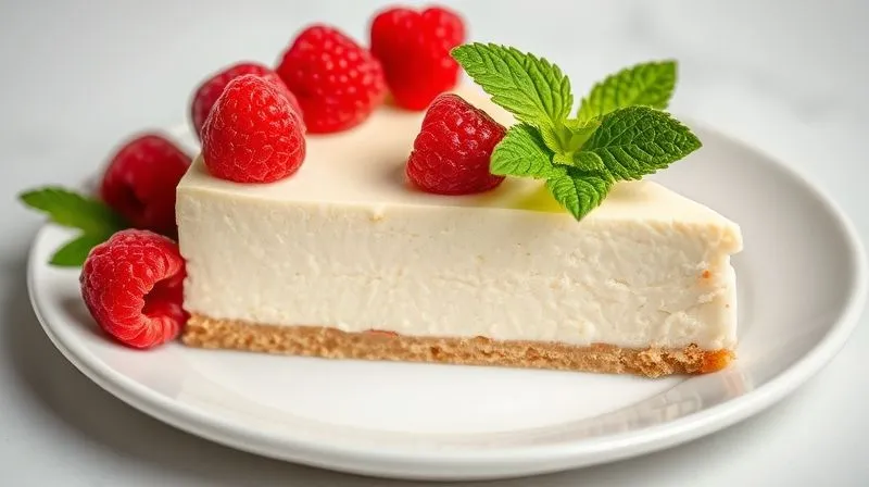 A photorealistic, professional photography shot of a perfectly set, creamy protein cheesecake (seromakowiec) slice on a white plate, garnished with fresh raspberries and a mint leaf. The texture is smooth and inviting, with a clear base layer. The lighting is bright and natural, highlighting the dessert's freshness. 8K, cinematic lighting, sharp focus, depth of field, shot on a high-end DSLR.