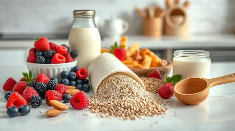 Photorealistic arrangement of various protein powders, fresh berries, chia seeds, almond milk, and a measuring scoop on a clean kitchen counter, bathed in soft, natural light, sharp focus, depth of field. Shot on a high-end DSLR, 8K hyper-detailed.
