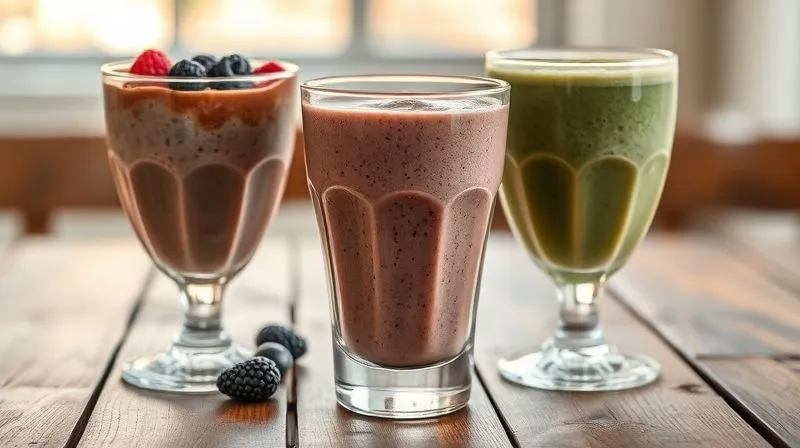 A close-up, photorealistic shot of three different protein dessert smoothies, each in a unique, elegant glass, showcasing distinct colors and textures (e.g., chocolate, berry, green). They are artfully arranged on a rustic wooden table, with soft, diffused sunlight, sharp focus, depth of field, looking absolutely delicious and healthy. Shot on a high-end DSLR, 8K hyper-detailed.
