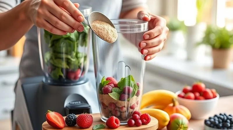 A person's hands delicately adding various colorful ingredients like berries, spinach, and a scoop of protein powder into a blender, suggesting creativity and healthy customization in a bright, inviting kitchen. Photorealistic, professional photography, 8K, cinematic lighting, sharp focus on the ingredients, depth of field. Shot on a high-end DSLR.