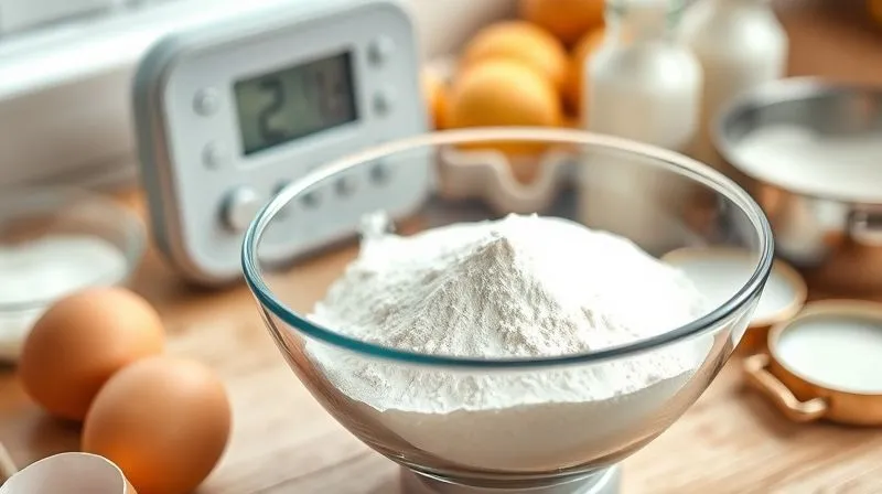 A close-up, photorealistic image of a digital kitchen scale precisely measuring white rice flour into a clean glass bowl. The background is softly blurred, showing other baking ingredients like eggs, milk, and sweetener. The scene is well-lit with natural, soft light. 8K, cinematic lighting, sharp focus, depth of field, shot on a high-end DSLR.