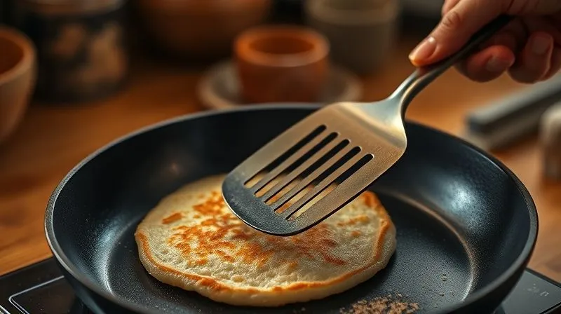 A photorealistic, professional photography shot of a golden-brown, perfectly round rice pancake sizzling gently in a non-stick pan. Steam is subtly rising from the edges, indicating it's nearly ready to flip. A skilled hand is carefully flipping it with a wide, thin spatula. The background is a softly blurred, warm-toned kitchen, emphasizing the cooking process. 8K, cinematic lighting, sharp focus on the pancake, depth of field, shot on a high-end DSLR.