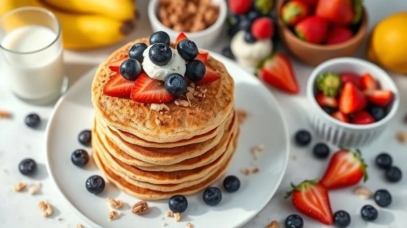 A vibrant, photorealistic flat lay of a healthy breakfast spread featuring a stack of golden-brown rice pancakes generously topped with fresh berries (blueberries, raspberries, sliced strawberries), a dollop of Greek yogurt, and a sprinkle of chopped nuts. A small glass of plant-based milk and a bowl of fresh fruit are artfully arranged nearby. The composition is aesthetically pleasing and visually appealing, emphasizing health, freshness, and abundance. The scene is bathed in bright, natural light. 8K, cinematic lighting, sharp focus, depth of field, shot on a high-end DSLR.