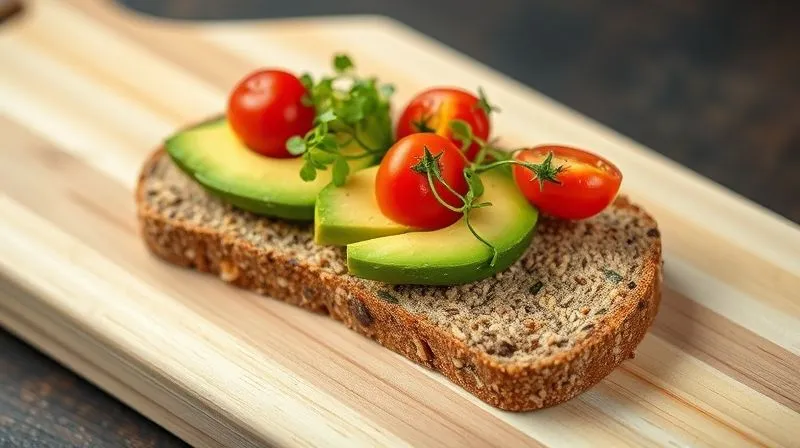 A beautifully arranged photorealistic, professional photography, 8K, cinematic lighting, sharp focus, depth of field, shot on a high-end DSLR, image of a slice of millet bread topped with fresh avocado, cherry tomatoes, and a sprinkle of microgreens, presented on a light wooden board. The composition should highlight healthy, vibrant colors and appeal to a clean eating aesthetic. No text or logos.