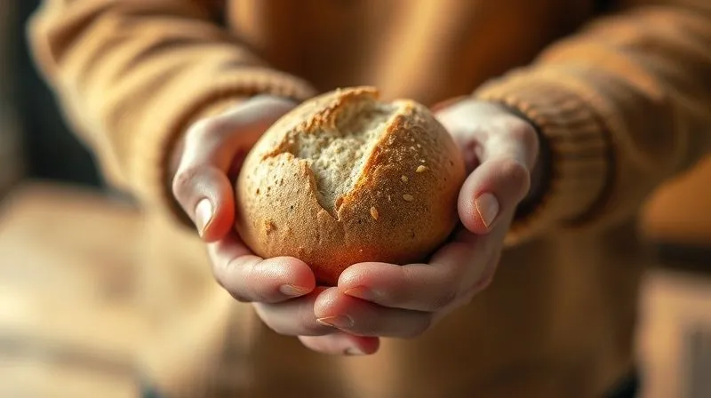 A photorealistic, professional photography, 8K, cinematic lighting, sharp focus, depth of field, shot on a high-end DSLR, image of a person's hands gently holding a small, perfectly baked millet bread, symbolizing care, health, and achievement. The background is softly blurred, focusing on the bread and hands, conveying a sense of personal connection to healthy food. No text or logos.
