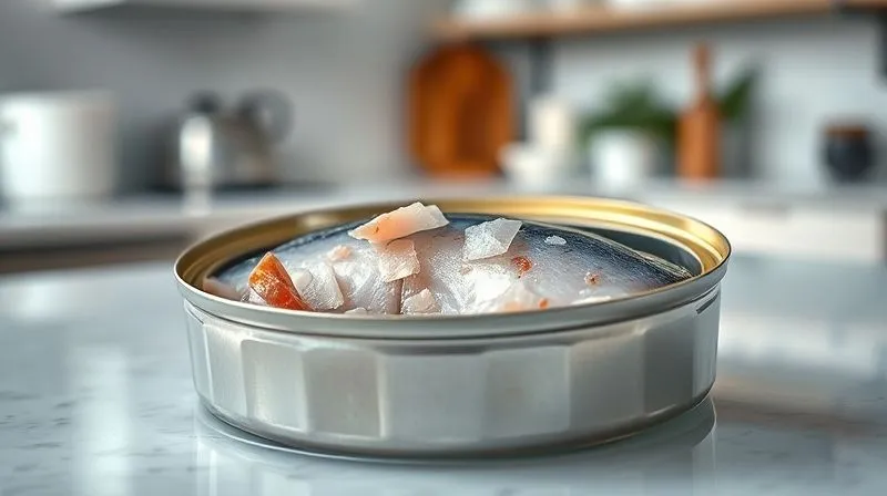 A close-up, photorealistic image of a can of high-quality skipjack tuna in water, freshly opened, with flakes of tuna visible. The background is a clean, minimalist kitchen counter with subtle natural light. Sharp focus on the tuna, depth of field blurring the background, 8K hyper-detailed, shot on a high-end DSLR.