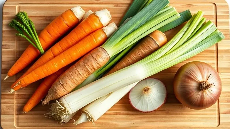 A vibrant, photorealistic still life of fresh, colorful soup vegetables laid out on a clean wooden cutting board: carrots, celery stalks, leeks, parsnips, and a whole onion. The composition is artful, emphasizing freshness and natural beauty. photorealistic, professional photography, 8K, cinematic lighting, sharp focus, depth of field, shot on a high-end DSLR, natural light.