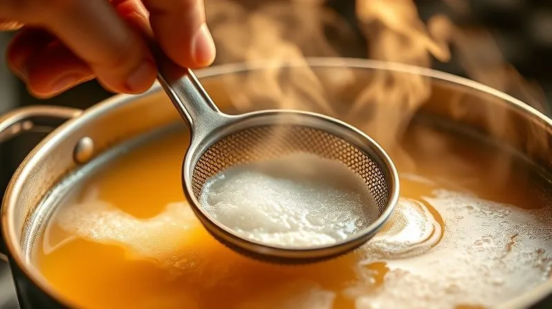 A close-up, photorealistic shot of a skilled hand gently skimming foam and impurities from the surface of a simmering pot of golden broth using a fine-mesh skimmer. Steam rises gracefully, illuminated by warm, cinematic lighting. The focus is sharp on the skimming action, with a soft depth of field. photorealistic, professional photography, 8K, cinematic lighting, sharp focus, depth of field, shot on a high-end DSLR, culinary process.