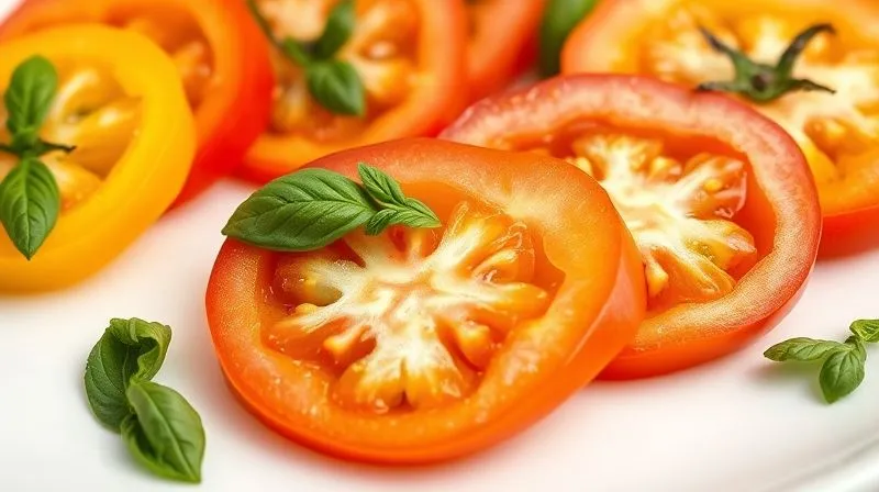 Photorealistic close-up of perfectly sliced, ripe heirloom tomatoes in various colors (red, yellow, orange) arranged artfully on a white ceramic plate, with fresh green basil leaves scattered around. Sharp focus on the glistening tomato slices, soft cinematic lighting, 8K hyper-detailed, shot on a high-end DSLR, conveying freshness and natural beauty.