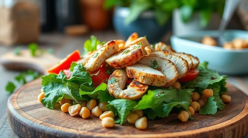Photorealistic image of a vibrant Caprese salad, enhanced with grilled chicken strips and a sprinkle of chickpeas, arranged on a rustic wooden board. The composition emphasizes fresh, bright colors and textures. Cinematic natural light highlights the food, sharp focus on the central salad, depth of field blurring a background of a healthy kitchen counter. 8K hyper-detailed, professional food photography, shot on a high-end DSLR, conveying a sense of hearty, healthy satisfaction.