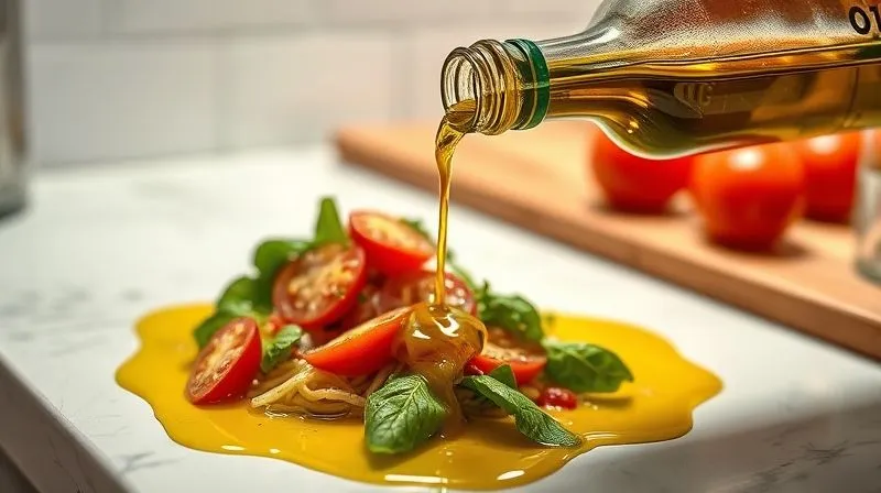 Photorealistic image of a kitchen counter with a partially prepared Caprese salad, showing a bottle of olive oil pouring excessively onto the salad, creating a greasy puddle. This emphasizes a common mistake. The lighting is slightly harsh, highlighting the excess. Sharp focus on the pouring oil and salad, depth of field blurring the background. 8K hyper-detailed, professional photography, shot on a high-end DSLR, creating a visual representation of a 'mistake'.