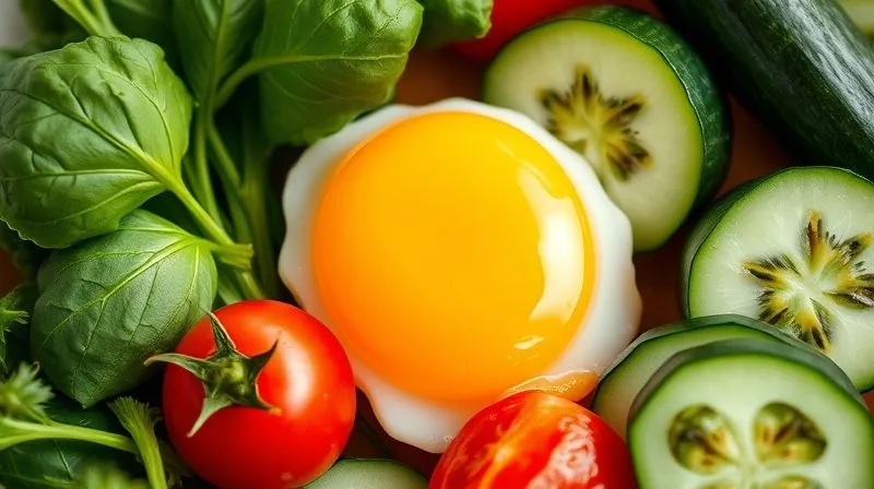A close-up photorealistic image of vibrant, fresh vegetables like spinach, cherry tomatoes, and cucumber, artfully arranged around a perfectly boiled egg, emphasizing health and natural ingredients. Cinematic lighting, sharp focus, 8K.