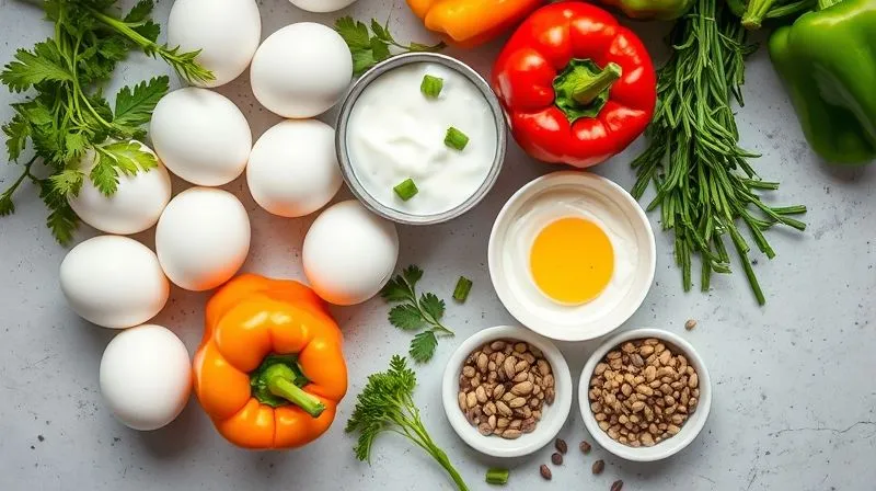 A photorealistic overhead shot of a neatly organized kitchen counter with various healthy ingredients for an egg salad: boiled eggs, Greek yogurt, fresh herbs, colorful bell peppers, and a small bowl of mixed seeds. Soft, natural light. 8K, professional photography.