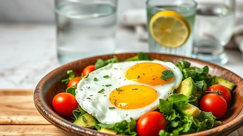 A beautifully styled photorealistic image of a serving of a healthy egg salad with avocado and cherry tomatoes on a rustic plate, next to a glass of water with lemon. The scene evokes freshness and a balanced diet. Cinematic lighting, sharp focus, 8K.