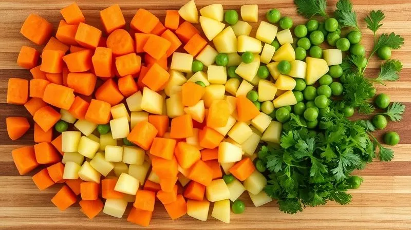 A vibrant, photorealistic overhead shot of perfectly diced, fresh vegetables (carrots, potatoes, celery root, peas, parsley) arranged neatly on a wooden cutting board, ready for a salad. Bright, natural lighting, sharp focus, 8K, professional photography, shot on a high-end DSLR.