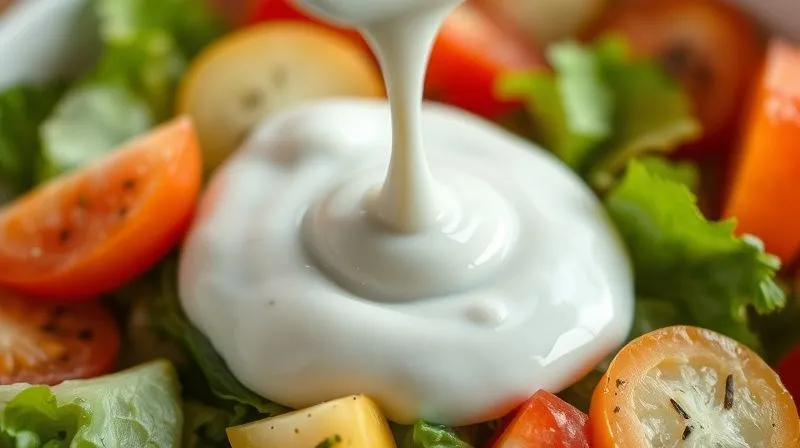 A close-up, photorealistic shot of a creamy, light dressing being drizzled over a portion of vegetable salad, showcasing its smooth texture. The dressing is a mix of Greek yogurt and herbs. Cinematic lighting, sharp focus on the dressing, 8K, professional photography, shot on a high-end DSLR.