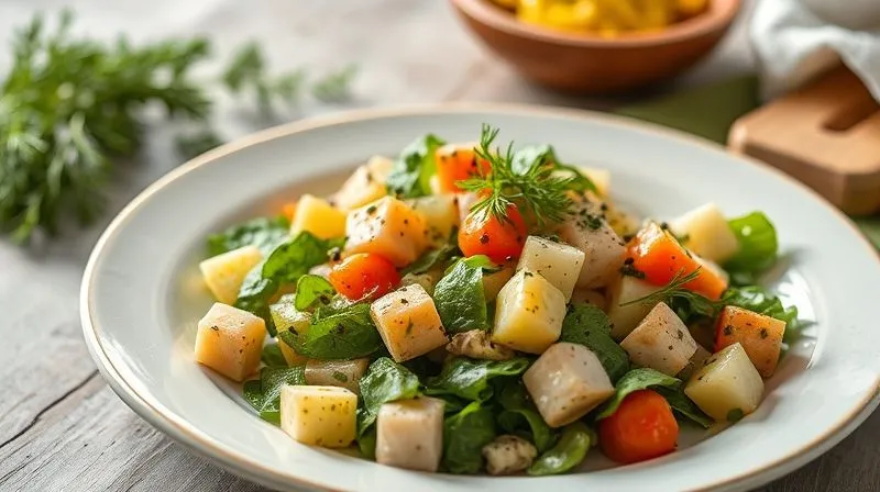 A beautifully plated, photorealistic serving of the low-fat vegetable salad, garnished with fresh dill and a sprinkle of black pepper. The salad looks appetizing and rich, despite being healthy. Soft, diffused lighting, sharp focus, 8K, professional photography, shot on a high-end DSLR.