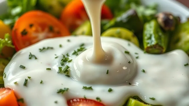 A close-up, photorealistic image of a creamy, light yogurt-based dressing being drizzled over fresh vegetables, with herbs scattered around. Cinematic lighting, 8K, sharp focus.