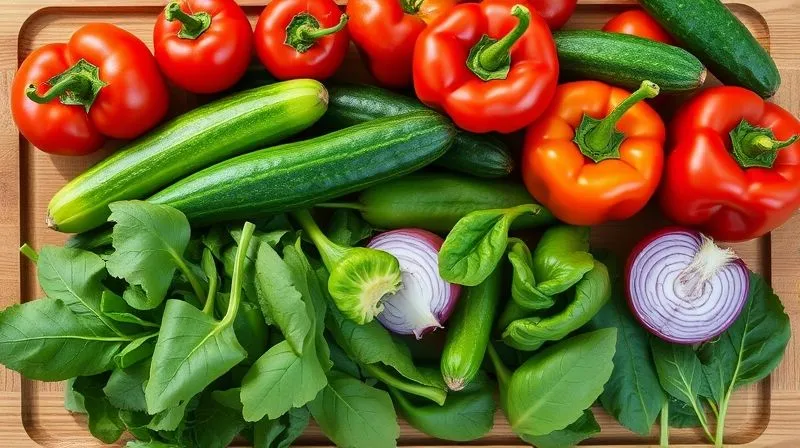 A vibrant, photorealistic overhead shot of various colorful fresh vegetables arranged artfully on a wooden cutting board – cherry tomatoes, bell peppers, cucumbers, red onion, spinach. 8K, sharp focus, natural light.