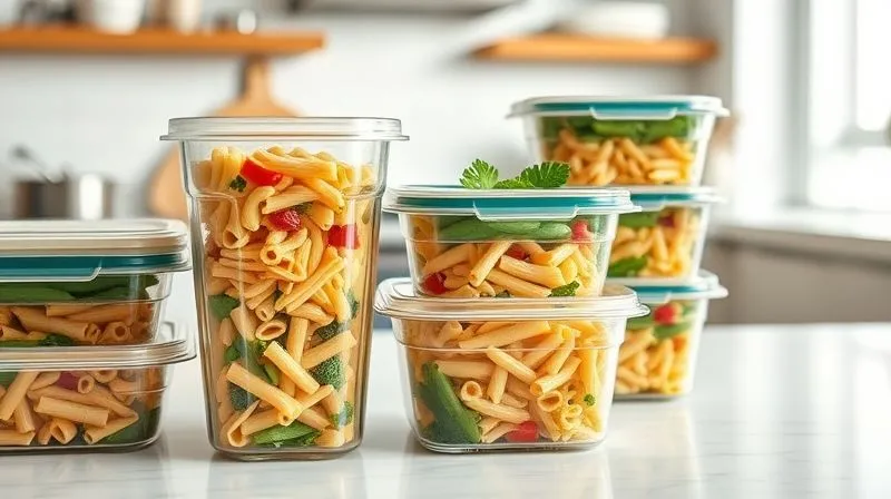 Photorealistic image of a neatly organized meal prep containers with low-calorie pasta salad, ready for the week. Clean kitchen background, soft lighting, 8K, sharp focus.