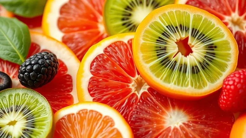 A vibrant, close-up, photorealistic shot of various 'fat-burning' fruits like grapefruit, berries, and kiwi, sliced and glistening, with a subtle scientific diagram overlay showing metabolic pathways. Professional photography, 8K, cinematic lighting, sharp focus, depth of field.