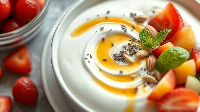 Photorealistic image of a bowl of Greek yogurt, topped with chia seeds, almonds, and a drizzle of honey, next to a vibrant fruit salad. Professional photography, 8K, cinematic lighting, sharp focus, depth of field.