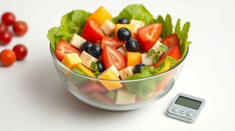 A minimalist, photorealistic shot of a perfectly portioned fruit salad bowl with a small digital kitchen scale next to it, on a clean white background. Soft, natural light. Professional photography, 8K, sharp focus, depth of field.