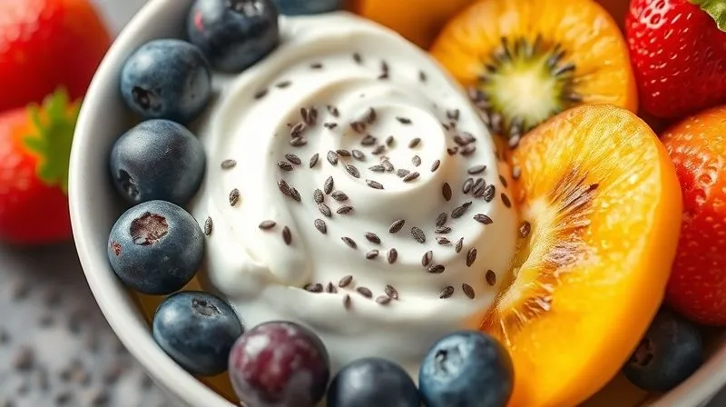 Photorealistic image of a vibrant bowl with various fruits, creamy Greek yogurt, and a sprinkle of chia seeds, emphasizing freshness and health. Cinematic lighting, sharp focus on ingredients, 8K.