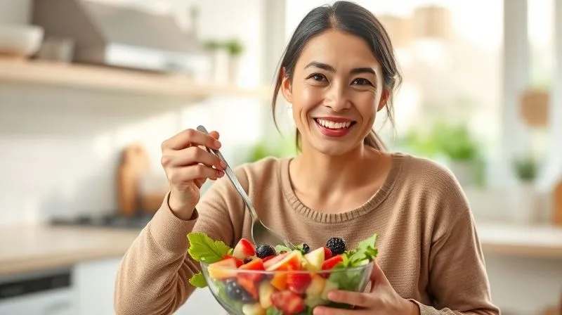Photorealistic image of a person enjoying a healthy fruit salad in a bright kitchen, smiling subtly, conveying satisfaction and healthy eating. Soft natural light, sharp focus on the person and bowl, 8K.