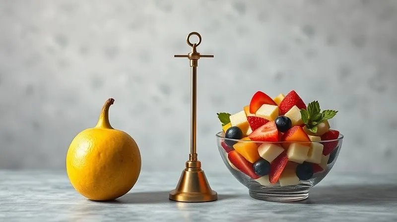 Photorealistic image of a small, decorative scale balancing a single large, sugary fruit on one side and a balanced bowl of fruit salad with protein on the other, symbolizing healthy choice. Cinematic lighting, 8K.