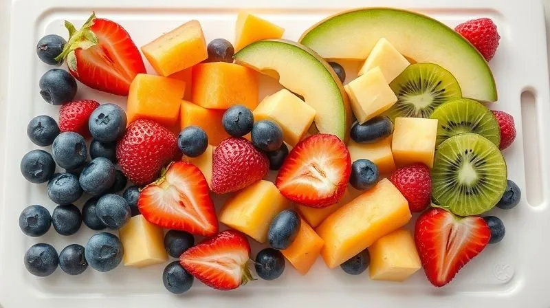 A vibrant, photorealistic flat lay of various low-calorie fruits like blueberries, raspberries, strawberries, kiwi slices, and melon cubes, neatly arranged on a white cutting board, ready for a salad. Bright, natural light. professional photography, 8K, cinematic lighting, sharp focus, depth of field, shot on a high-end DSLR.