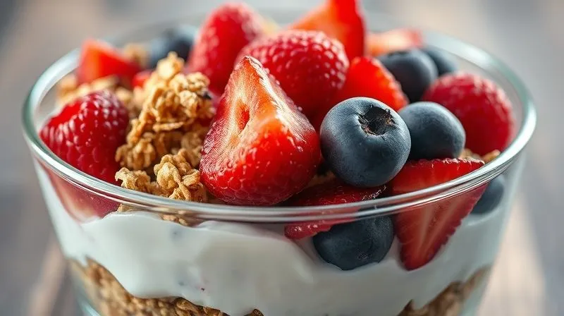 A close-up, photorealistic shot of a layered low-calorie fruit salad in a clear glass bowl, showing distinct textures: crunchy granola, creamy Greek yogurt, and juicy mixed berries. The light highlights the vibrant colors and appealing composition. professional photography, 8K, cinematic lighting, sharp focus, depth of field, shot on a high-end DSLR.