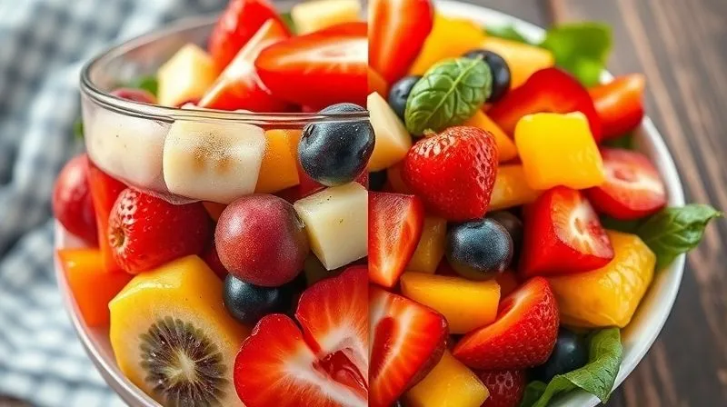 A split photorealistic image: on one side, an unappealing, watery fruit salad with overly ripe, mushy fruits, symbolizing common mistakes; on the other, a perfectly fresh, vibrant, and well-composed low-calorie fruit salad, symbolizing success. professional photography, 8K, cinematic lighting, sharp focus, depth of field, shot on a high-end DSLR.