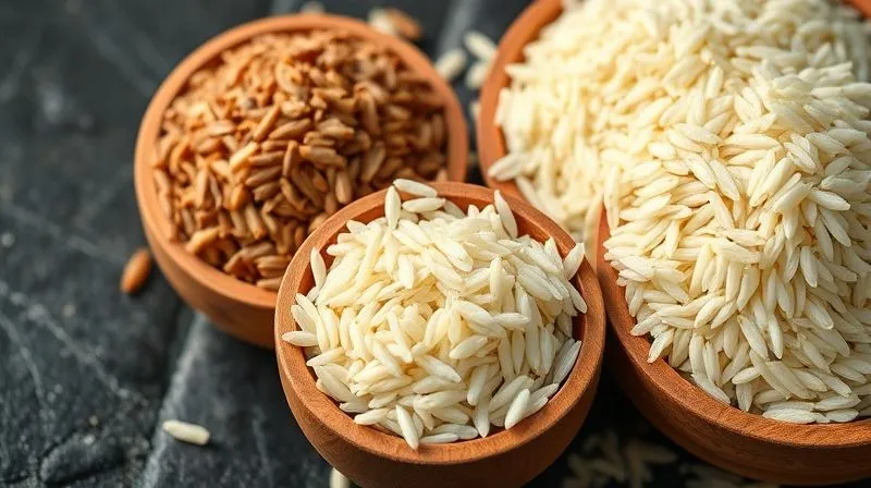Photorealistic close-up of different types of uncooked rice – brown rice, wild rice, and basmati rice – in separate small wooden bowls, arranged on a dark stone background, with soft, directional light highlighting their textures. 8K, sharp focus, depth of field.
