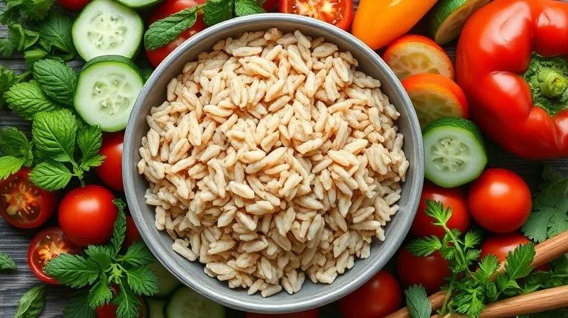 A vibrant, photorealistic image of a colorful assortment of fresh, crisp vegetables and aromatic herbs (like cherry tomatoes, cucumber slices, bell peppers, fresh parsley, and mint) artfully arranged around a bowl of cooked brown rice, ready to be mixed into a salad. Shot from above, natural light, sharp focus, 8K.