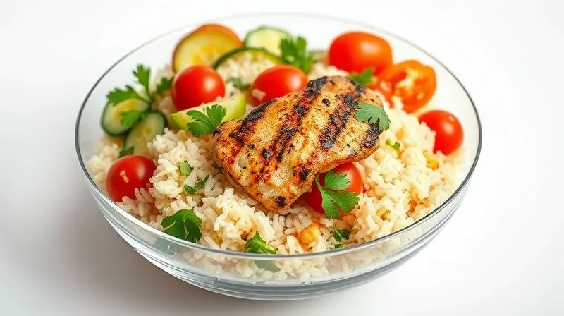 A stunning photorealistic image of a perfectly composed, vibrant rice salad with grilled chicken, cherry tomatoes, cucumber, bell peppers, fresh parsley, and a light vinaigrette dressing, served in an elegant, clear glass bowl on a minimalist white table. The focus is on the textures and freshness, with soft, diffused lighting. 8K, professional food photography.