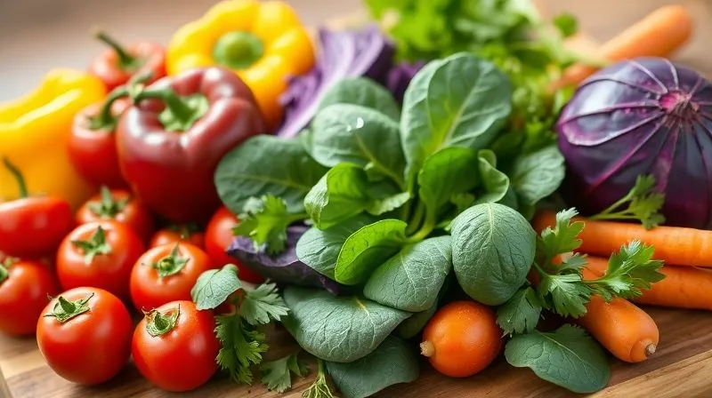 A photorealistic, professional photography, 8K, cinematic lighting, sharp focus, depth of field shot on a high-end DSLR of a vibrant, colorful assortment of fresh, crisp vegetables artfully arranged on a wooden cutting board. Include bright green spinach, deep red cherry tomatoes, yellow bell peppers, purple cabbage, orange carrots, and a scattering of fresh herbs like parsley and cilantro. The lighting is natural and bright, highlighting the textures and fresh dew drops on the produce, evoking a feeling of health and abundance.