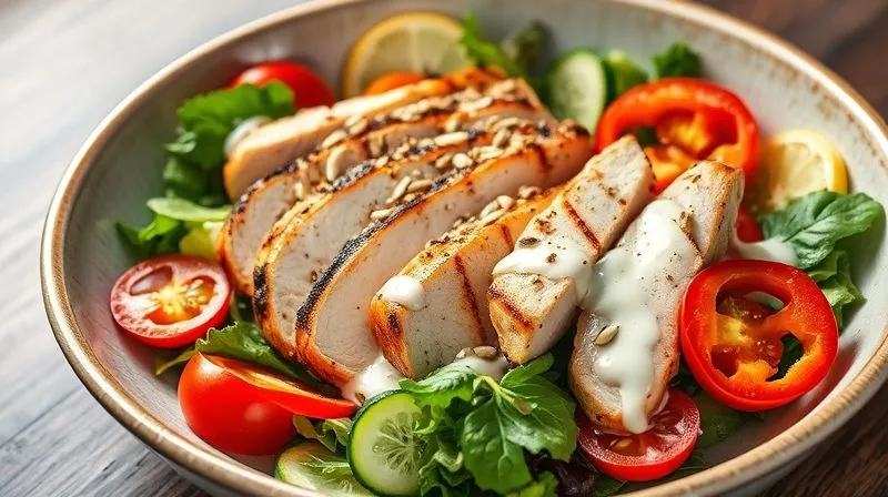 A photorealistic, professional photography, 8K, cinematic lighting, sharp focus, depth of field shot on a high-end DSLR of a beautifully arranged, gourmet-style chicken salad in a wide, shallow ceramic bowl. The chicken is perfectly grilled and sliced, laid over a bed of mixed greens, with colorful cherry tomatoes, thin cucumber ribbons, and vibrant bell peppers. A light, creamy dressing is artfully drizzled, and a sprinkle of toasted seeds adds texture. The composition is elegant and inviting, emphasizing freshness and culinary artistry, with soft, diffused light from the side.