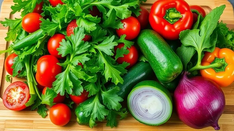 A vibrant, colorful array of fresh, crisp vegetables often used in salads: mixed greens, cherry tomatoes, cucumber, bell peppers, and red onion, all glistening with freshness on a wooden cutting board, professional photography, 8K, cinematic lighting, sharp focus, depth of field, shot on a high-end DSLR.