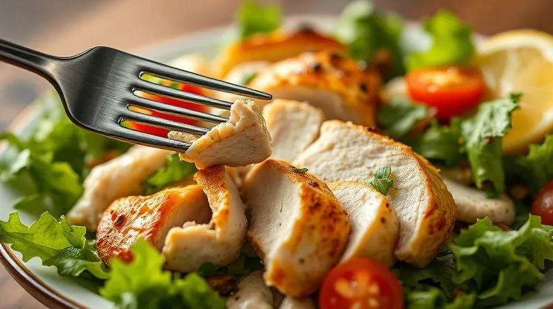A close-up, photorealistic, professional photography shot of a perfectly plated, generous portion of a healthy chicken salad, showing various textures and colors, with a fork gently piercing a piece of chicken. The salad is artfully arranged, suggesting a gourmet meal. 8K, cinematic lighting, sharp focus on the food, depth of field blurring the background, shot on a high-end DSLR.