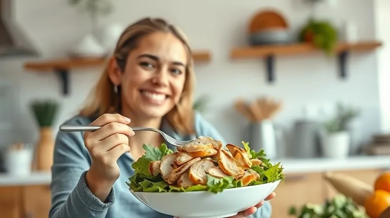 A final inspiring, photorealistic image of a person happily enjoying a healthy, filling chicken salad, smiling genuinely, in a bright and inviting kitchen setting. The focus is on the person and the salad, conveying satisfaction and well-being. 8K, cinematic lighting, sharp focus, depth of field, shot on a high-end DSLR.