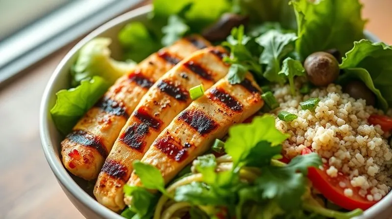 photorealistic, professional photography, 8K, cinematic lighting, sharp focus, depth of field, shot on a high-end DSLR, a vibrant, fresh salad bowl with prominent grilled chicken breast pieces, quinoa, and a generous mix of leafy greens, emphasizing the protein and fiber content, bathed in natural light, evoking a sense of healthy abundance.