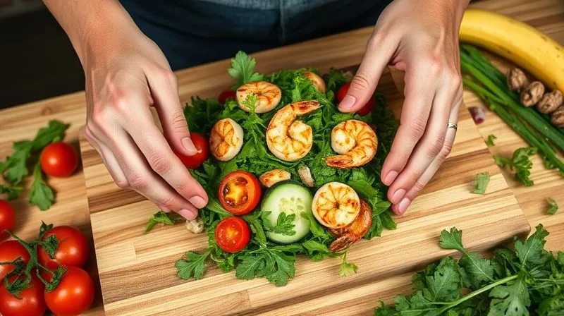 photorealistic, professional photography, 8K, cinematic lighting, sharp focus, depth of field, shot on a high-end DSLR, a person's hands carefully assembling a fresh arugula salad, adding various colorful ingredients like cherry tomatoes, cucumber slices, grilled shrimp, and a drizzle of dressing, on a clean wooden cutting board, with ingredients neatly arranged around, conveying a sense of mindful preparation.