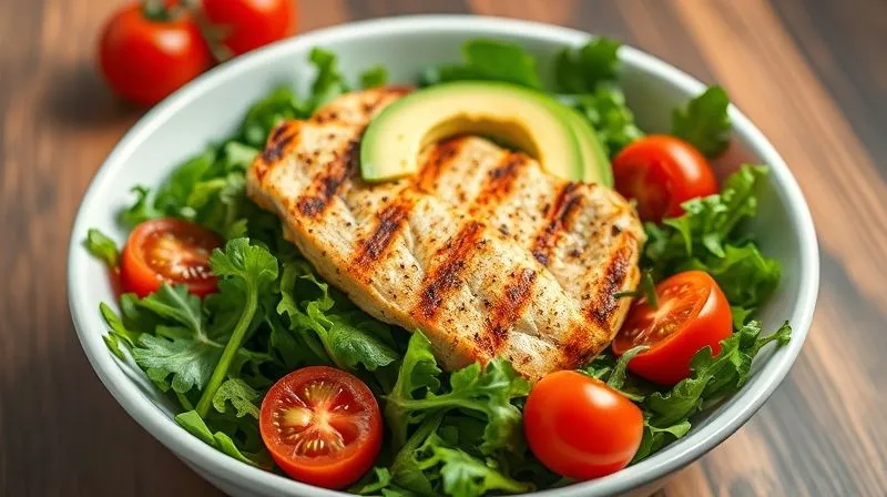 A vibrant, artfully arranged arugula salad bowl with grilled chicken, avocado slices, and cherry tomatoes, professionally lit with cinematic lighting, sharp focus on the ingredients, 8K, shot on a high-end DSLR.