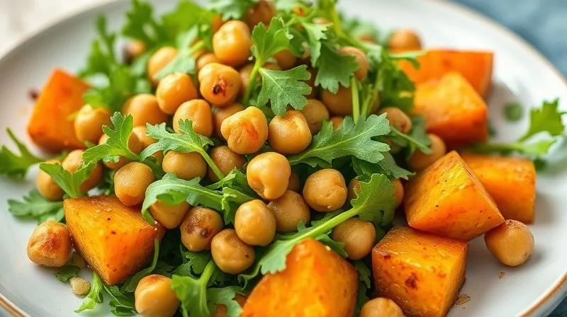 A beautifully plated, close-up shot of a healthy arugula salad with roasted chickpeas and sweet potato cubes, natural light, sharp focus on the textures, 8K, professional food photography.