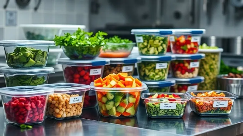 A professional kitchen counter with various meal prep containers filled with salad ingredients, neatly organized and labelled, cinematic lighting, sharp focus, 8K, shot on a high-end DSLR.