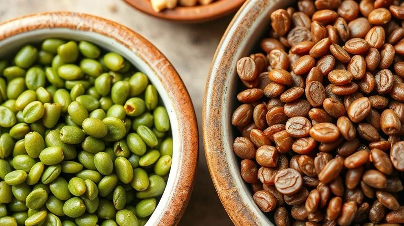 Photorealistic close-up of different types of dried lentils (green, red, brown) in small ceramic bowls, next to a detailed nutrition label infographic highlighting protein and fiber content, with a soft, natural light, professional photography, 8K, sharp focus.