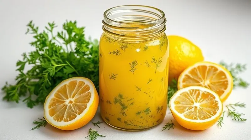 Photorealistic close-up of a glass jar filled with a vibrant, homemade lemon-herb vinaigrette, with fresh lemons, olive oil, and herbs (parsley, dill) artfully arranged around it on a clean white surface, soft studio lighting, sharp focus, 8K.
