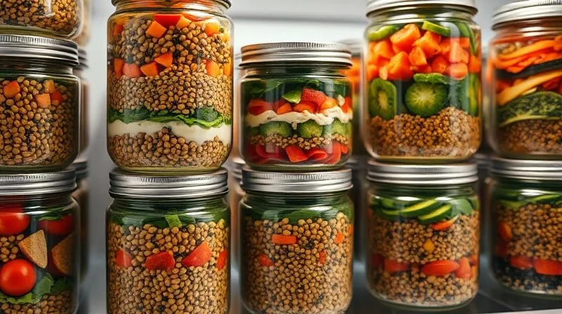 Photorealistic image of multiple layered lentil salads in glass jars, neatly stacked in a modern, organized refrigerator. Each jar shows distinct layers of dressing, lentils, and colorful vegetables, professional photography, 8K, sharp focus, depth of field.